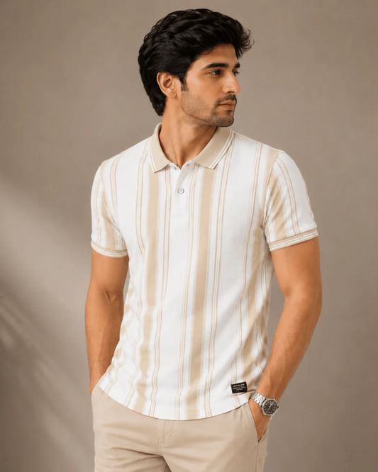 Teeshion Beige & White Premium Vertical Stripe Luxury Polo Shirt