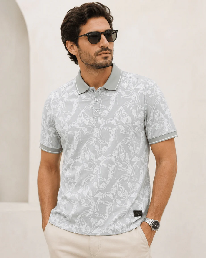 Teeshion Sage Grey Botanical Floral Sketch Premium Polo Shirt