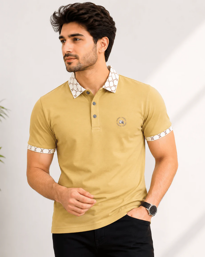 Teeshion Mustard Khaki Printed Collar Luxe Premium Polo Shirt