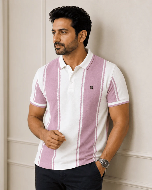 Teeshion Lavender & White Textured Panel Stripe Premium Polo Shirt