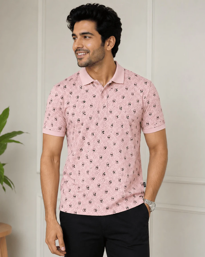 Teeshion Blush Pink Micro-Floral Textured Print Premium Polo Shirt
