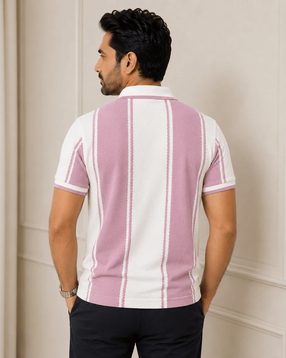 Teeshion Lavender & White Textured Panel Stripe Premium Polo Shirt