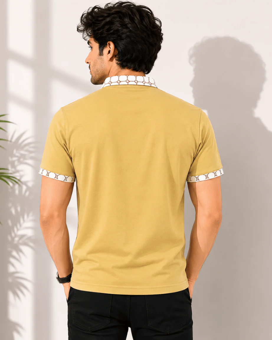 Teeshion Mustard Khaki Printed Collar Luxe Premium Polo Shirt