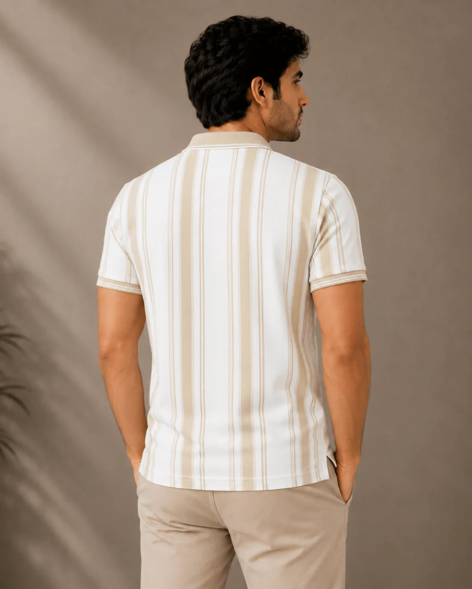 Teeshion Beige & White Premium Vertical Stripe Luxury Polo Shirt