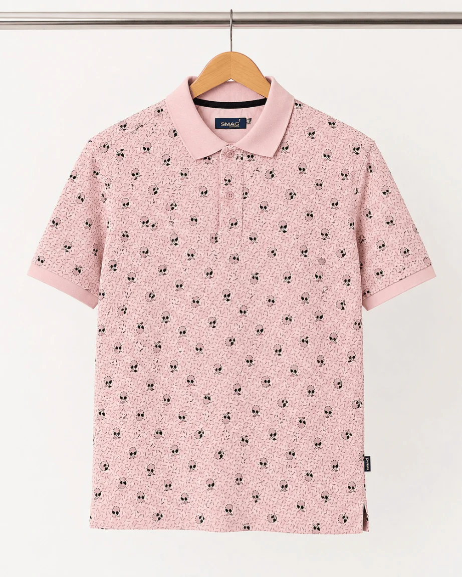 Teeshion Blush Pink Micro-Floral Textured Print Premium Polo Shirt