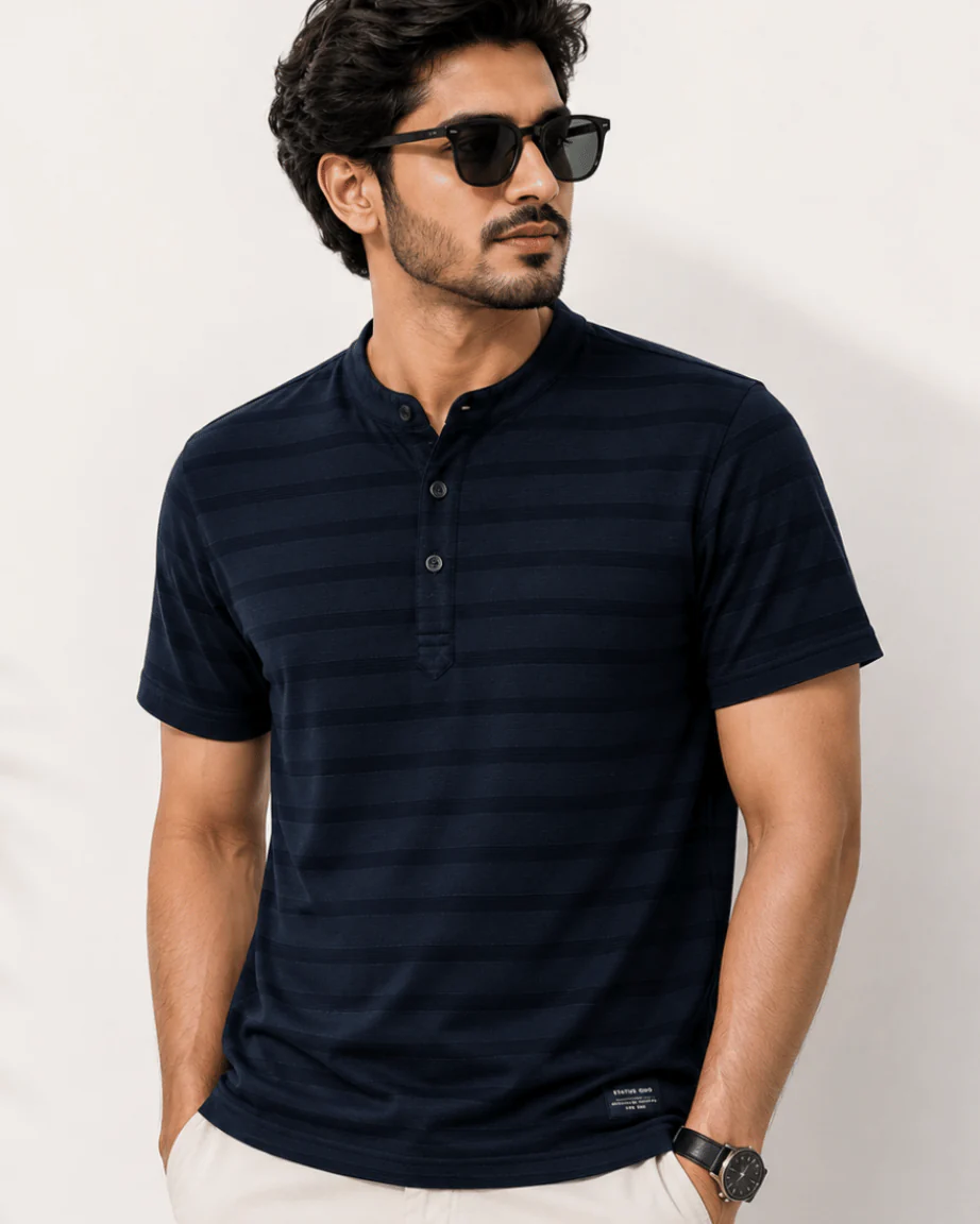 Teeshion Midnight Navy Tonal Stripe Premium Henley Polo Shirt