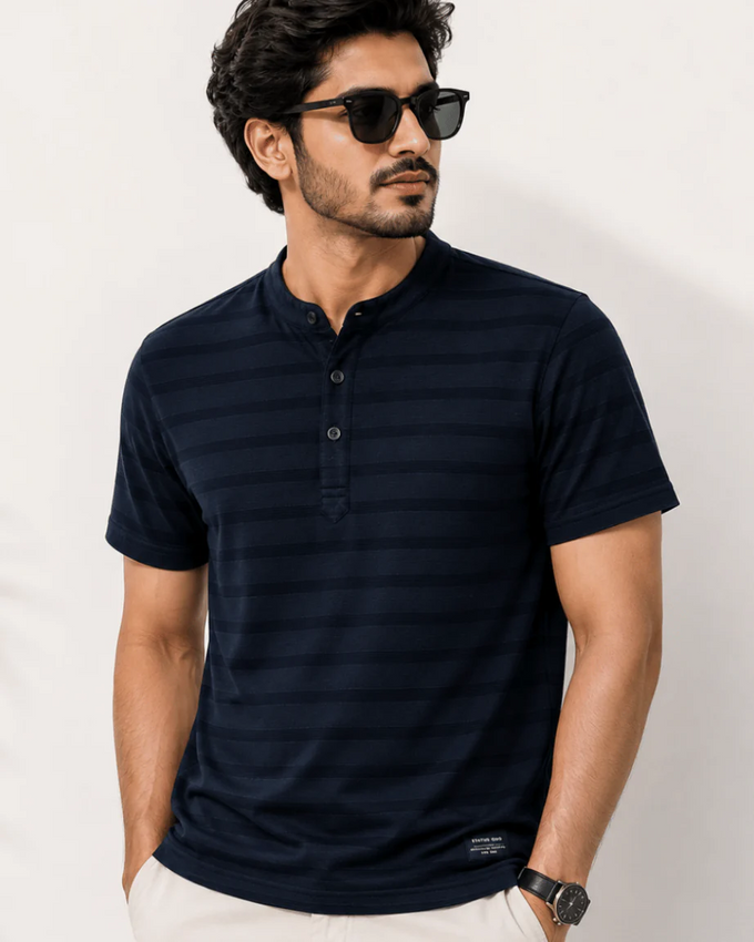Teeshion Midnight Navy Tonal Stripe Premium Henley Polo Shirt