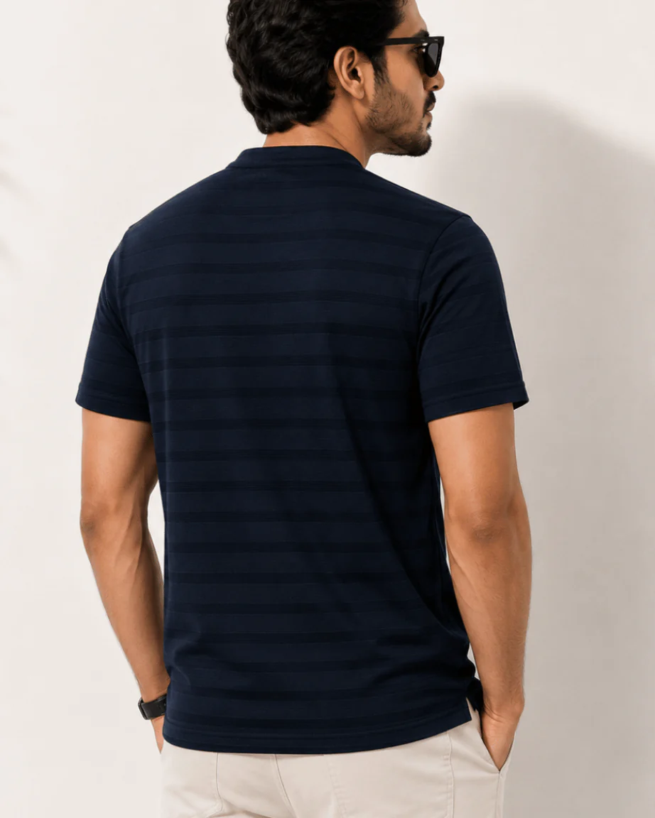 Teeshion Midnight Navy Tonal Stripe Premium Henley Polo Shirt